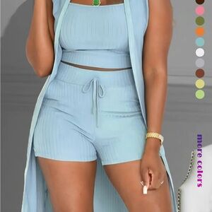 Chic Blue Ribbed Three-Piece Outfit